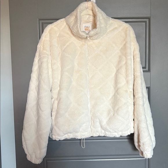 Cream color Teddy Jacket with Plush Texture cropped fit with zipper - Picture 9 of 12